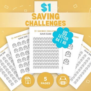 Op de afbeelding: Een verzameling witte papieren vellen met zwarte illustraties van enveloppen, ontworpen voor een €1 spaaruitdaging. De vellen tonen spaardoelen van €30, €40, €50 en €100. De afbeelding bevat ook de tekst "US Letter A4 | A6" en "5 Pages."