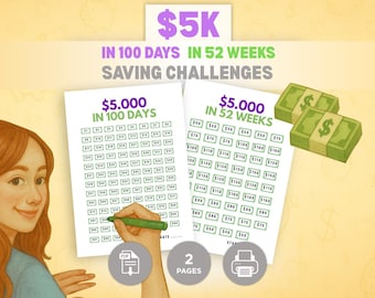 5K Savings Challenge | 5K in 100 Days & 5K in 52 Weeks | Printable Savings Tracker | A4 A6 US Letter | Budget Planner PDF