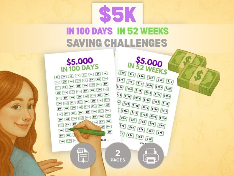 5K Savings Challenge | 5K in 100 Days & 5K in 52 Weeks | Printable ...