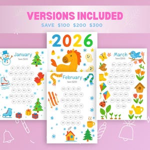 May include: A set of three illustrated savings trackers for 2026, each themed for a different month: January, February, and March. The January tracker features a snowman and ice skates. The February tracker has a horse. The March tracker has a bird.