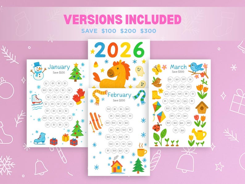 May include: A set of three illustrated savings trackers for 2026, each themed for a different month: January, February, and March. The January tracker features a snowman and ice skates. The February tracker has a horse. The March tracker has a bird.