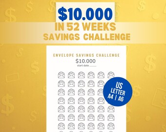 10,000 in 52 Weeks Savings Challenge | Printable Money Tracke | Envelope Savings Challenge PDF | A6 A4 US Letter |  10K Money Tracke