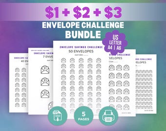 1 + 2 + 3 Dollars Envelope Challenge Bundle | 7–50 Envelope Savings Tracker | Printable Money Challenge | A4 A6 US Letter PDF