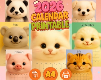 Calendario 2026 con simpatici animali – PDF stampabile A4 / Agenda per bambini con riepilogo mensile e caselle giornaliere scrivibili