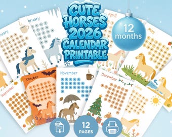 Cute Horses 2026 Calendar Printable | 12 Month Horse Wall Calendar PDF A4 US Letter A6 | Kids Room & Nursery Decor