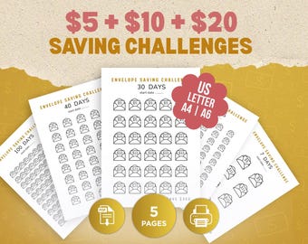 5 + 10 + 20 Savings Challenges | 5 10 20 Envelope Challenge | Printable Money Tracker | A4 A6 US Letter | Budget Binder PDF