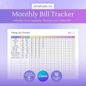Bill Tracker Printable, Monthly Bill Tracker, Bill Tracker Spreadsheet, Bill Checklist, Bill Calendar, Printable, Fillable PDF, A4 US Letter