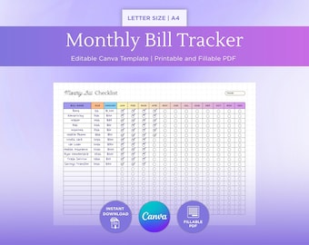 Monthly Bill Tracker Printable: Fillable PDF & Canva Template