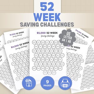 52 Week Savings Challenge Printable Bundle – Save 1K–20K | 52 Weeks Money Challenge | 5K, 10K Challenge,  Money Saving Plan, A6/US Letter/A4