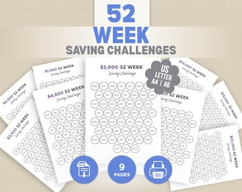 52 Week Savings Challenge Printable Bundle – Save 1K–20K | 52 Weeks Money Challenge | 5K, 10K Challenge,  Money Saving Plan, A6/US Letter/A4