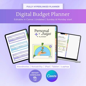 May include: Digital budget planner displayed on three devices: two tablets and a laptop. The central tablet shows "Personal Budget Planner" with a graphic of a hand nurturing a plant. The image includes text: "Fully Hyperlinked Planner" and "Editable in Canva | Undated | Sunday & Monday start."