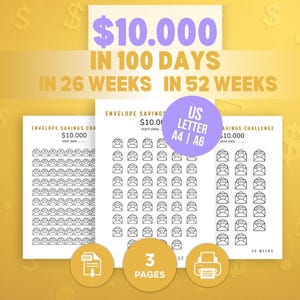 10K Savings Challenge  | Printable Money Tracker PDF | 100 Day 26 Week 52 Week Envelope Challenge | A4 A6 US Letter |Save 10000 Dollars