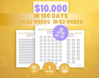 10K Savings Challenge  | Printable Money Tracker PDF | 100 Day 26 Week 52 Week Envelope Challenge | A4 A6 US Letter |Save 10000 Dollars