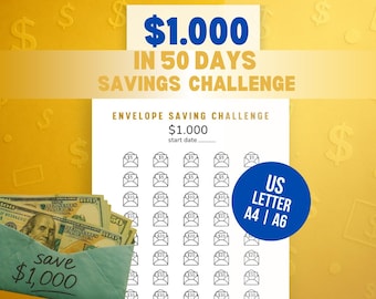 1,000 in 50 Days Savings Challenge | 1K Savings Tracker | Cash Envelope Challenge | A4 A6 US Letter | Printable Budget Binder