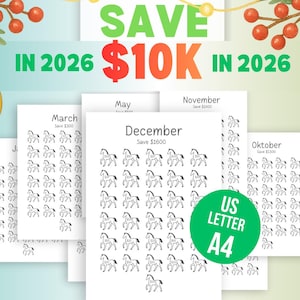 May include: Printable savings tracker sheets with a horse theme. The sheets are labelled with months and savings goals. The image includes the text "SAVE £10K IN 2026" and "US LETTER A4".