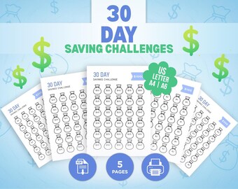 30 Day Savings Challenge | 1K Savings Tracker | Printable Money Challenge | Budget Binder | A4 A6 US Letter | Cash Envelope PDF