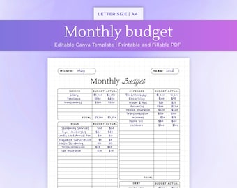 Editable Monthly Budget Planner: Fillable PDF, Canva Template (A4/Letter Digital Download