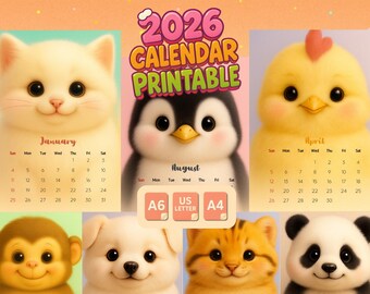 2026 Cute Animals Kids Calendar – Printable A4 • A6 • US Letter | Kawaii Baby Animal Wall/Desk PDF.Cute Baby Animals