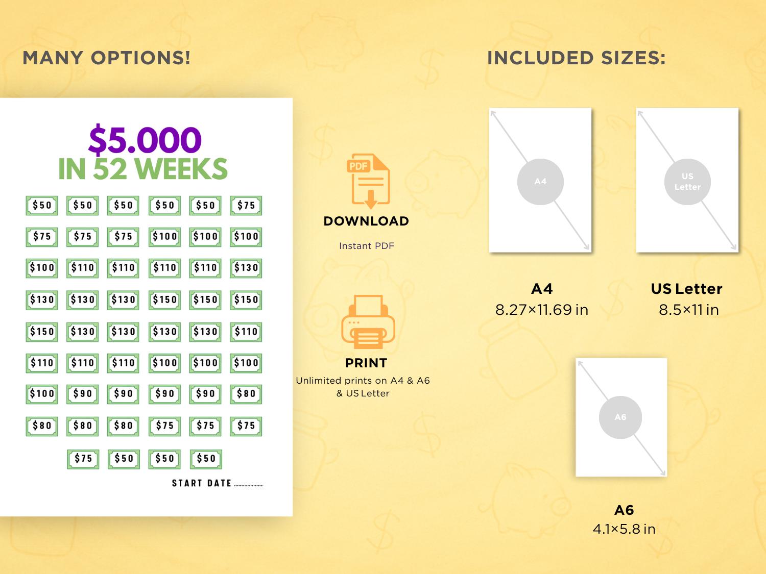5K Savings Challenge | 5K in 100 Days & 5K in 52 Weeks | Printable ...