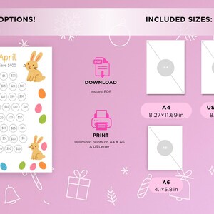 May include: Pink digital download with Easter theme. Includes a savings chart with bunny illustrations, text "April Save $400", and size options: A4 (8.27x11.69 in), US Letter (8.5x11 in), and A6 (4.1x5.8 in).