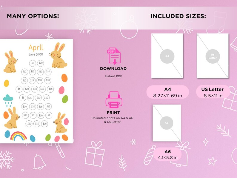 May include: Pink digital download with Easter theme. Includes a savings chart with bunny illustrations, text "April Save $400", and size options: A4 (8.27x11.69 in), US Letter (8.5x11 in), and A6 (4.1x5.8 in).