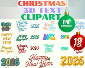 Christmas Word Art Clipart Bundle – Happy New Year 2026 3D Text PNG, Printable Christmas Wording, Sublimation Design