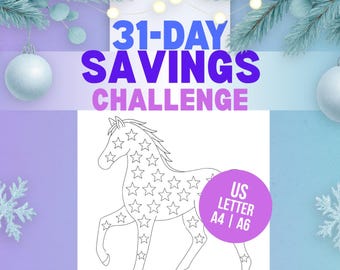 31-Day Horse Savings Tracker — Printable Money Challenge PDF (A4, US Letter, A6) Savings Challenge Printable
