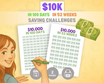 10K Savings Challenge | 10,000 in 100 Days & 52 Weeks | Printable Savings Tracker | A4 A6 US Letter | Budget Binder PDF