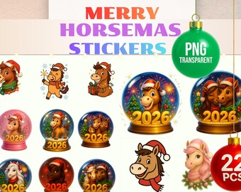Printable Horse Christmas Stickers/ Snow Globes – 2D/3D PNG, horse clipart
