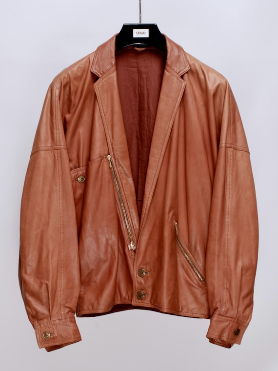 80s Rare Vintage Gianni Versace Brown Leather Cardigan Jacket Mens