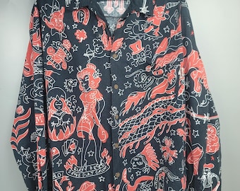 Vintage Mambo Loud Shirt Dragon Devil Sea Print Hand Printed Cotton Mens Size XL