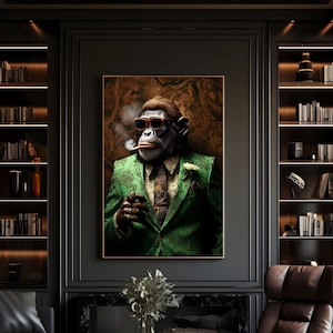 Stylischer Rauchender Affe Wandposter, Affe Poster, Affe im Anzug mit Sonnenbrille, Gentleman Monkey in a Suit smoking, Wandposter,