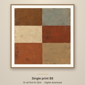 May include: A square digital print titled Earth Blocks No. 2 by Crestline Color Co. featuring a grid of six rectangular blocks in shades of brown, cream, blue-gray, and terracotta with a visible textured paint finish in a thin brown frame.