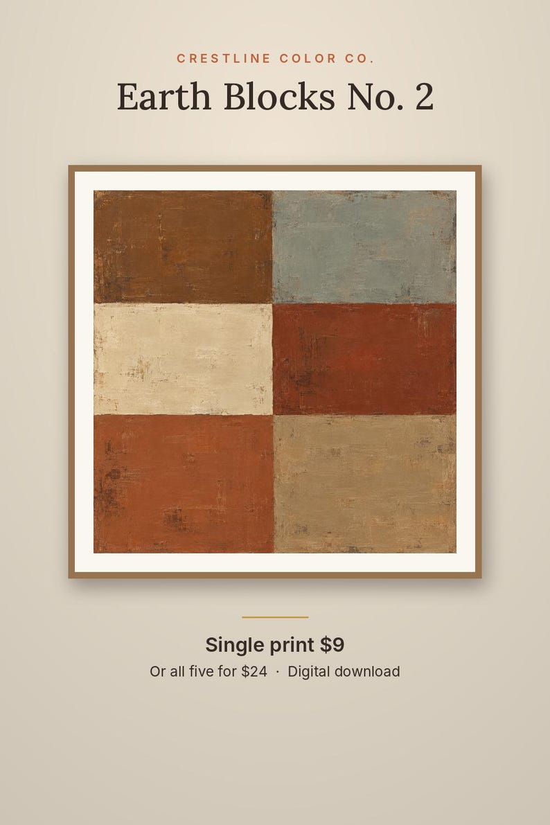 May include: A square digital print titled Earth Blocks No. 2 by Crestline Color Co. featuring a grid of six rectangular blocks in shades of brown, cream, blue-gray, and terracotta with a visible textured paint finish in a thin brown frame.