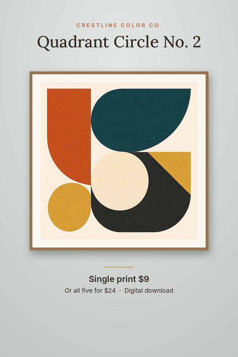 May include: A square art print titled Quadrant Circle No. 2 by Crestline Color Co. The design features geometric shapes in burnt orange, dark teal, mustard yellow, and black on a cream background, all enclosed in a thin brown frame.