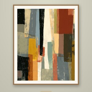 May include: A framed digital art print titled Crestline Color Co. Torn Paper No. 2, featuring a vertical abstract composition of overlapping rectangular shapes in shades of black, rust orange, mustard yellow, sage green, and cream.