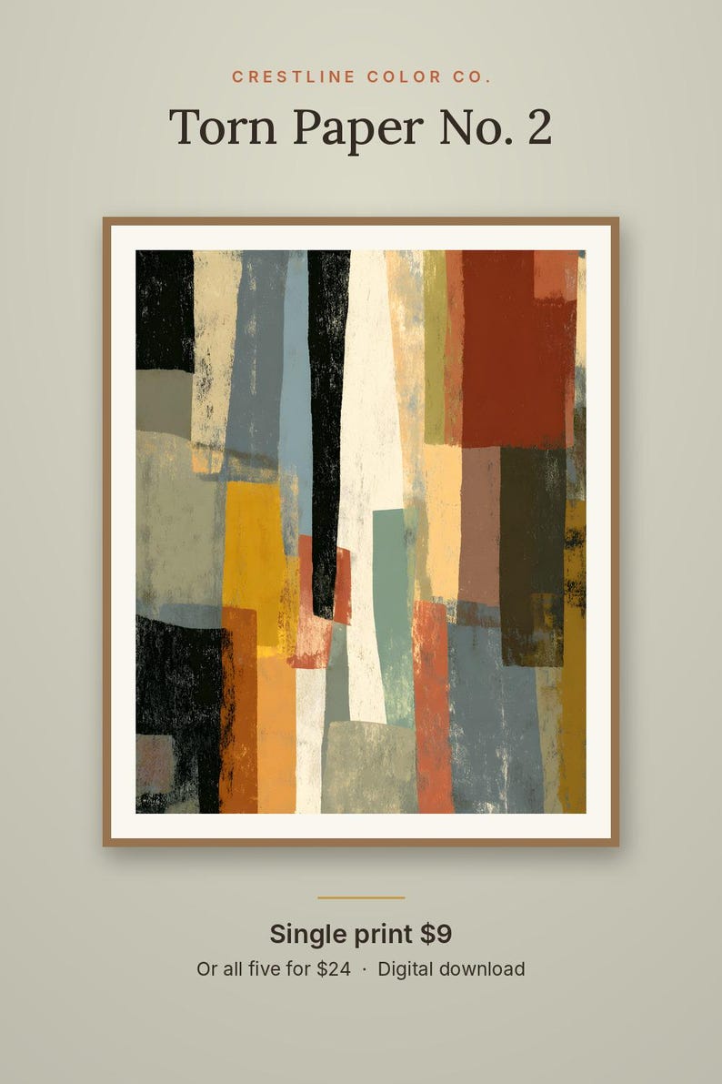 May include: A framed digital art print titled Crestline Color Co. Torn Paper No. 2, featuring a vertical abstract composition of overlapping rectangular shapes in shades of black, rust orange, mustard yellow, sage green, and cream.