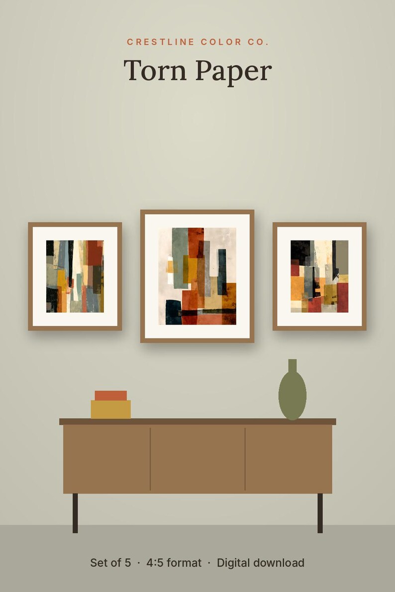 May include: A set of three framed abstract art prints featuring torn paper shapes in shades of rust, olive green, black, and cream. The prints are displayed above a brown wooden sideboard with a small olive vase and stacked boxes.