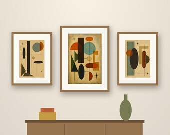 May include: Three framed prints with abstract geometric shapes in orange, blue, green, and black, displayed above a brown sideboard. Text reads: Crestline Color Co. Totem. Set of 5, 2:3 format, digital download. Includes a green vase and boxes.