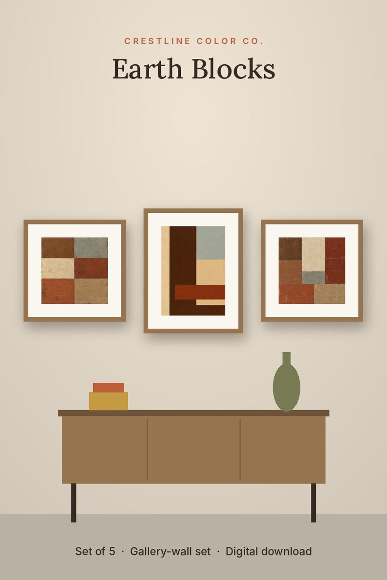 May include: A set of five framed wall art prints titled Earth Blocks by Crestline Color Co. The artwork features geometric blocks in shades of brown, red, blue, and cream. Below the art is a brown sideboard with a vase and two boxes.