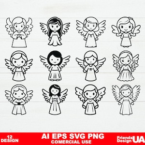 12 かわいい天使 SVG、天使のベクター アート、子供の天使 SVG、Cricut および Silhouette 用ファイル、天使バンドル SVG、クリスマス デコレーション SVG