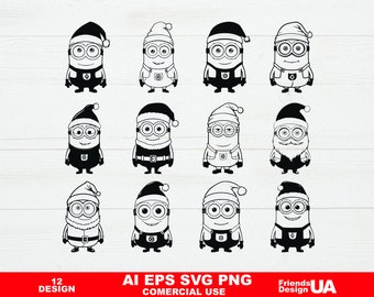 12 Christmas Minion SVG pack, Minion in Santa hat, SVG for Cricut, Digital Download for T-Shirts, Winter holiday design, Xmas SVG