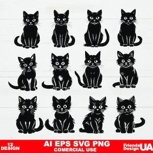 黒猫 SVG バンドル、黒猫 PNG バンドル、猫のクリップアート、Cricut 用カット ファイル、猫のシルエット、黒猫 SVG、不気味な SVG、子猫 SVG