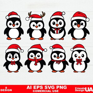 8 Penguin SVG, Christmas penguin Svg, Penguin in Santa hat Clipart, Winter penguin Svg, Penguin Cut File, Cute baby penguin SVG