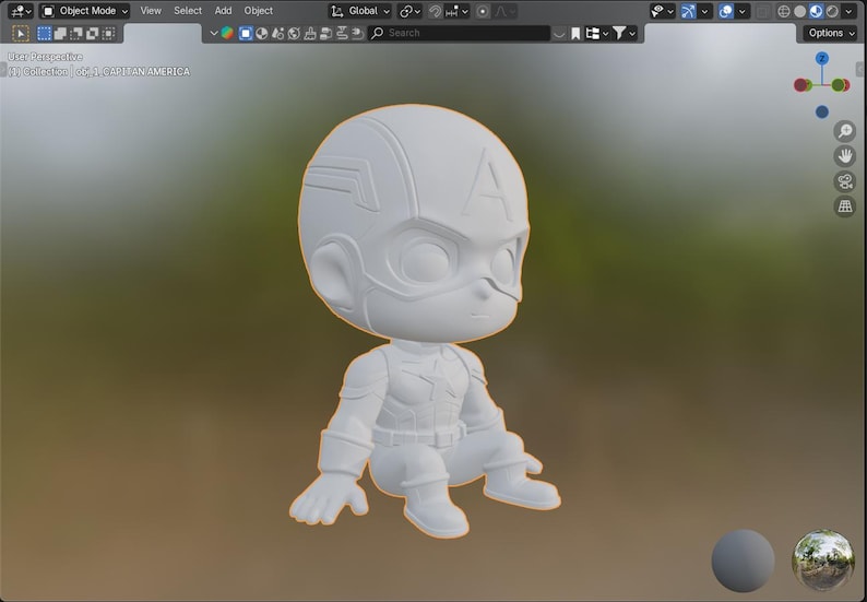 Puede incluir: Figura 3D blanca de Capit&aacute;n Am&eacute;rica en estilo chibi. La figura est&aacute; en posici&oacute;n agachada y presenta el casco, el traje y los detalles del escudo del personaje. El fondo est&aacute; borroso.