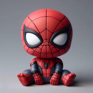 Puede incluir: Una figura de Spider-Man roja y azul en posición sentada. La figura tiene una cabeza grande con una máscara roja y negra y un diseño de telaraña. La figura lleva un traje rojo y azul con un diseño de telaraña.