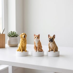Könnte beinhalten: Drei kleine Tierfiguren auf weißen, runden Sockeln. Das Set besteht aus einem Golden Retriever, einer orangefarbenen getigerten Katze und einer beigen Französischen Bulldogge. Jede Figur ist detailliert gestaltet und zeigt die Merkmale.