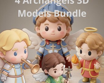 4 Archangels 3D STL Models Bundle - Chibi Saint Michael, Gabriel, Raphael, Uriel 3D Print Files, Catholic Figure, Religious Chibi STL