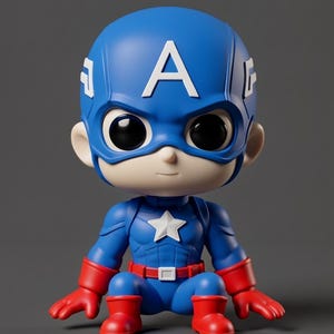 Puede incluir: Una figura de Capit&aacute;n Am&eacute;rica azul y roja con una gran "A" blanca en el casco. La figura tiene una estrella blanca en el pecho, guantes rojos y botas rojas. La figura est&aacute; en posici&oacute;n agachada.