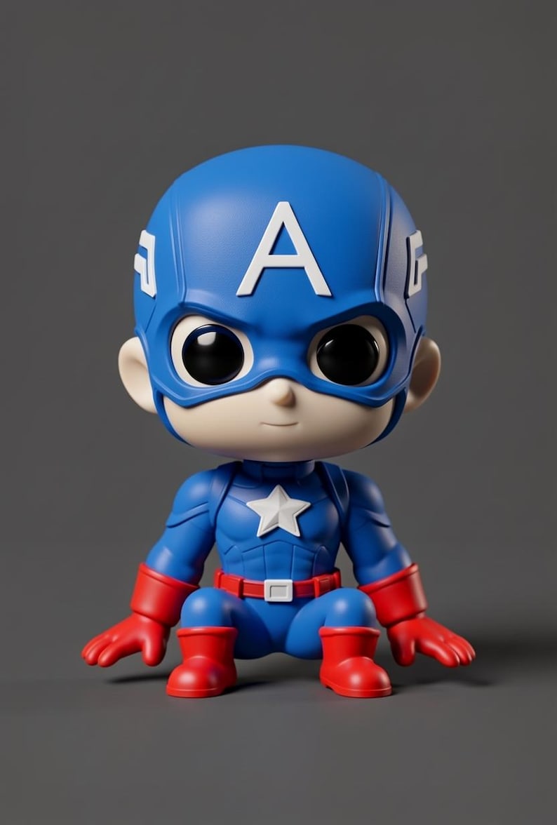 Puede incluir: Una figura de Capit&aacute;n Am&eacute;rica azul y roja con una gran "A" blanca en el casco. La figura tiene una estrella blanca en el pecho, guantes rojos y botas rojas. La figura est&aacute; en posici&oacute;n agachada.